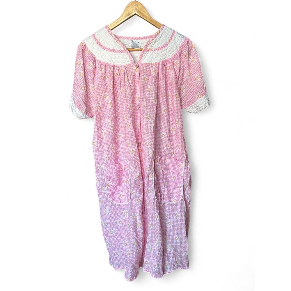 House Dress Pink Gingham Daisy Snap Front Quilted Yoke Floral Cottagecore XL